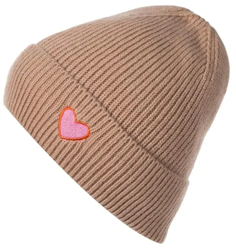 styleBREAKER Damen Strick Beanie mit Herz Stickerei & Fleece Futter | Warme Wintermütze Einheitsgröße 56-59 cm | Weiche gefütterte Beanie Mütze, Farbe:Camel