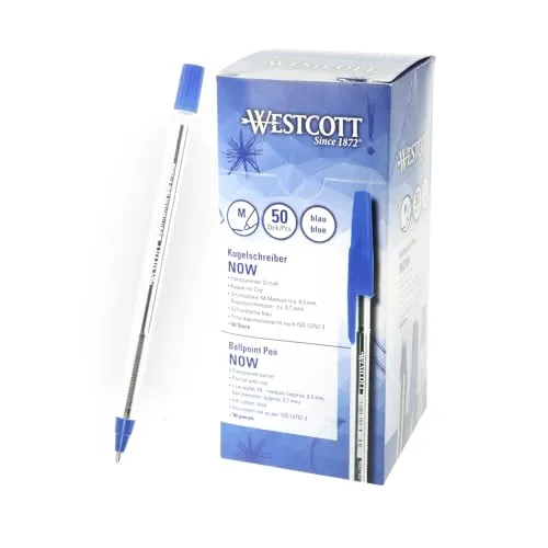 Westcott Kugelschreiber NOW 50 Stück Blau | Dokumentenecht nach ISO 12757-2 | Strickstärke M 0,5mm | Schreibfarbe Blau | Transparenter Schaft | E-745000 00