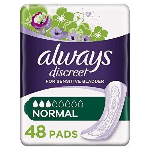 Always Discreet Inkontinenzeinlagen für Damen, normal, 48 Einlagen mit mäßiger Saugfähigkeit (12 x 4 Packungen), geruchsneutralisierend, diskret und flexibel, für empfindliche Blase