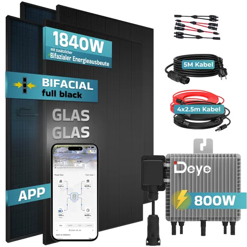SUNNIVA® 1840W Balkonkraftwerk BIFAZIAL FULLBLACK - Vielseitiges Balkonkraftwerk mit 1840 W Leistung. Bifaziale Solarmodule maximieren die Energieausbeute. Einfacher Anschluss über Plug&Play für Balkon, Dach und Garten.