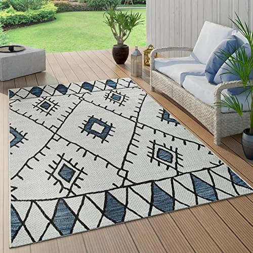 Paco Home In- & Outdoor Teppich Geometrisch Abstrakt Blau, 160x220 cm - Teppich für Innen- und Außenbereiche, robust und pflegeleicht, ideal für wetterfeste Nutzung und rutschfeste Sicherheit.