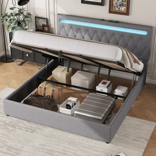 okwish Jugendbett mit Matratze Flachbett 180x200 cm hydraulisches Bett mit Hebemechanismus, LED-Umgebungslicht, USB- und Typ-C-Ladeanschluss, Doppelbett Grau