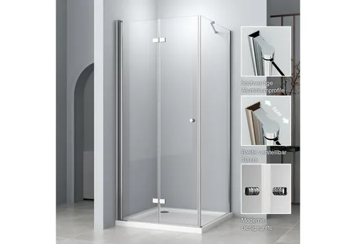 Hopibath Eckdusche Duschkabine Falttür mit Seitenwand H:185cm, BxT: 90x80 cm, 5mm Sicherheitsglas, Duschtür, mit 90/80/75cm Seitenteil, mit Alu-Haltestangen, Alu-Bodenleiste, Magnetverschluss