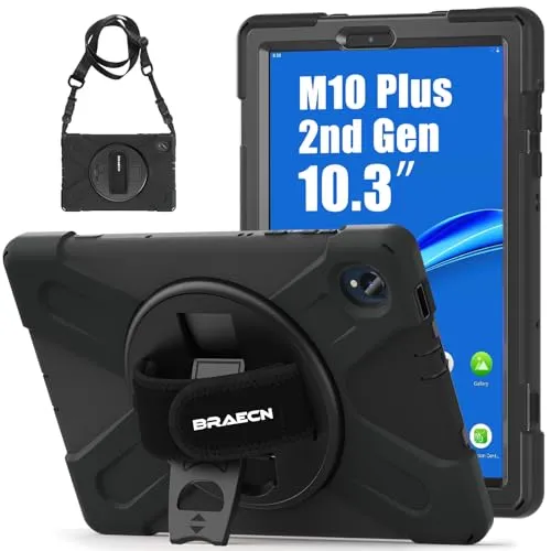 BRAECN Hülle für Lenovo Tab M10 FHD Plus 2. Gen 2020 10.3 Zoll (TB-X606F/X606X)/K10 2021 (TB-X6C6), Robuste Stoßfeste Tragbare Schutzhülle mit 360°Drehbarer Handgurt und Ständer, Schultergurt, Schwarz