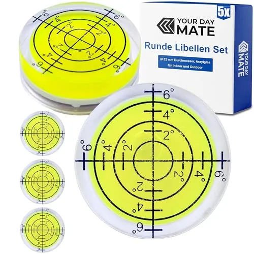 Runde Libellen Set, 5 Stück, mit Ø 32 mm Durchmesser, Wasserwaage mit Luftblase, kleine Libellen Wasser Waage, Nivellierung, Mini Dosenlibelle für Wohnwagen, Kamera, Heimwerker, Spirit Level Bullseye