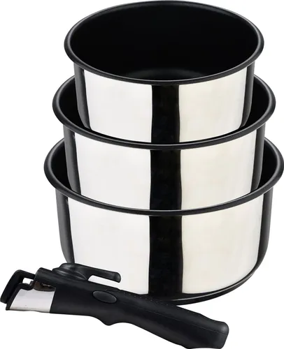Bergner Click&Cook Topfset 4-teilig - Hochwertiges Edelstahl-Topfset mit Antihaftbeschichtung, ideal für alle Herdarten. Enthält 3 Töpfe (16, 18, 20 cm) und abnehmbaren Griff für platzsparende Aufbewahrung.