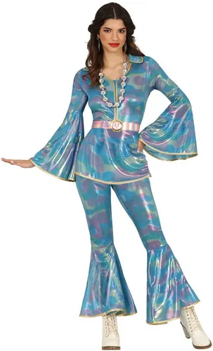 Fiestas Guirca Hippie-Kostüm 'Disco Königin' für Damen - Trendiges 70er Jahre Kostüm für Damen in Größe 38-40 (M). Perfekt für Karneval oder Mottopartys, inklusive Hose und Shirt aus pflegeleichtem Material.