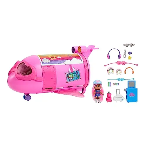 Barbie Extra Fly - Luxuriöses pinkes Flugzeug mit Mini Puppe und 15 Zubehörteilen, herzförmigen Fenstern, Regenbogenrädern, wolkenförmigen Gepäckfächern, für Extra Mini Minis Puppen, HPF72