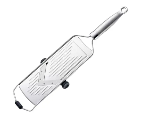 RÖSLE Vierkantreibe mit V-Klinge 46cm - Edelstahl-V-Hobel für präzises Schneiden von Gemüse und Kartoffeln, ideal für Carpaccio und Gratins – ergonomischer Griff und rutschfester Silikonstandfuß sorgen für komfortables Arbeiten.