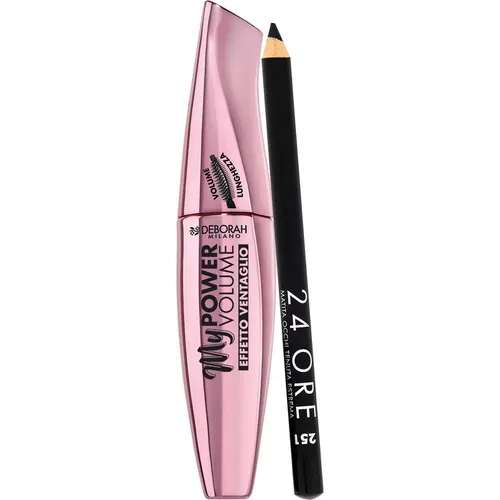 Deborah Milano Eyeliner Set: 24H Extra Gel Pencil Eyeliner Schwarz - Kajal & Eyeliner Set mit langanhaltendem 24H Extra Gel Pencil Eyeliner und My Power Waterproof Volumizing Mascara für voluminöse Wimpern.