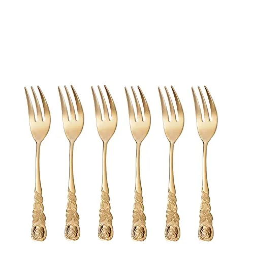GRÄWE Kuchengabel 6 Stück Edelstahl, Serie Rosendekor, goldfarben