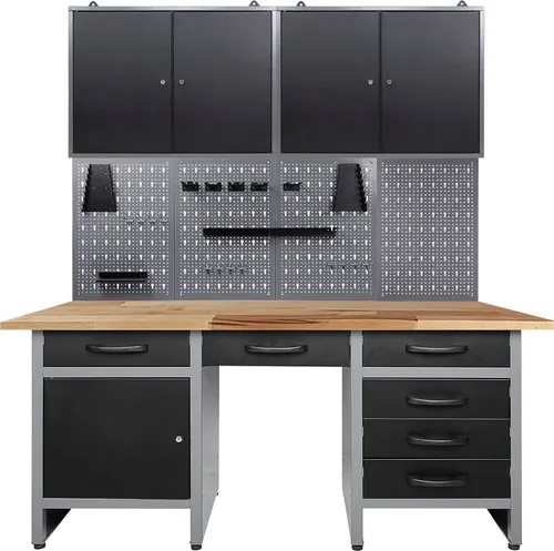 ONDIS24 Werkstatt-Set 160 cm grau|schwarz - Praktische Hobbywerkbank mit 6 Schubladen und 5 Türen, belastbar bis 620 kg – ideal für Ihre Werkstatt! Verstellbare Füße für optimale Stabilität.