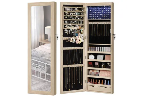 SONGMICS Schmuckschrank Spiegelschrank mit LED Beleuchtung in beige von SONGMICS