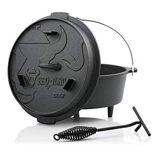 BBQ-Toro Dutch Oven Premium Serie 7,3 Liter | Vorbereitet zum Kochen - Dutch Oven, bereits eingebrannt und vielseitig einsetzbar für Grill und Lagerfeuer. Mit Füßen am Deckel für zusätzliche Nutzung als Grillpfanne oder Servierteller.
