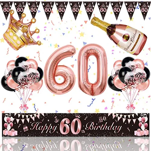 60. Geburtstag Deko Frau, Magiccute Geburtstagsdeko 60 Frauen Lange Happy Birthday Banner Girlande Wimpel und Schwarz Rosegold Konfetti Luftballons Deko Set