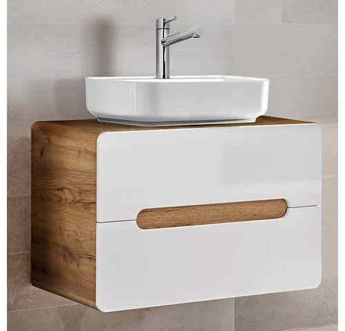 Lomadox Waschtisch LUTON-56 - Hochglanz Weiß mit Wotan Eiche - Eleganter Waschtisch mit grifflosen Soft-Close-Schubladen, ideal für modernes Badezimmer-Design. Hochwertige Keramik und widerstandsfähige Oberflächen sorgen für Langlebigkeit und Stil.