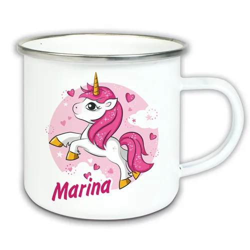 Einhorn Emaille Tasse mit Name Namenstasse Camping Becher Kinder Mädchen pink
