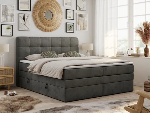 Boxspringbett LUKA-KING 200x200cm - Dunkelgrau mit Topper - Hochwertiges Boxspringbett mit 7-Zonen-Taschenfederkernmatratzen und praktischem Bettkasten, ideal für komfortables Schlafen und optimalen Stauraum.
