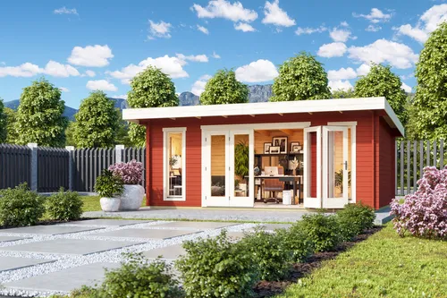 Gartenhaus Blockhaus Pultdach 44 mm Sussex 2 rot 590x380 cm - Geräumiges Gartenhaus mit 19.71 m² Nutzfläche, isolierverglasten Fenstern und abschließbarer Tür. Ideal für Gartenliebhaber, die Wert auf Qualität und Sicherheit legen.