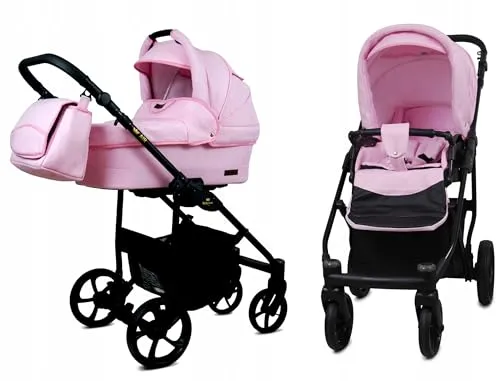 BabyLux® Bambimo Kinderwagen Set 2 in 1 - Sweet Pink - Multifunktionaler Kombikinderwagen mit verstellbarem Sportsitz und Babywanne, inkl. Wickeltasche und Regenschutz, ideal für vielseitige Bedürfnisse.