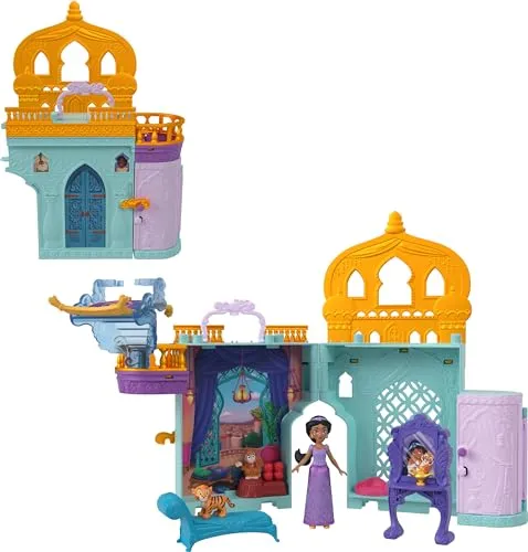 Mattel Disney Prinzessin-Spielzeug, Jasmins Stapelschloss Puppenhaus-Spielset mit kleiner Puppe, 2 Freunden und 7 Teilen, inspiriert vom Disney-Film, Reisespielzeug und Geschenke für Kinder HPV04