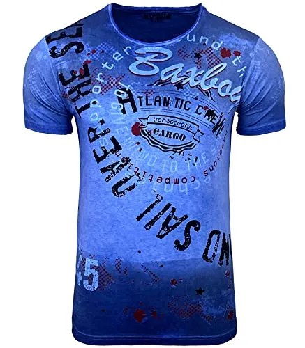 Herren Rundhals Vintage T-Shirt Kurzarm Slim Fit Design Fashion Top All Over Print Shirt B-106, Farbe:Blau, Größe:L
