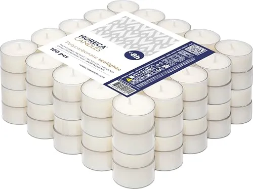 Horeca Candles Teelichter 100 Stück – Weiß, 8h Brenndauer, Duftfrei - Kerzen für Deko und Events, 8 Stunden Brenndauer, tropffrei und ideal für Restaurants, Hochzeiten und besondere Anlässe.