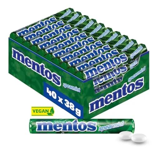 Mentos Kaubonbons Spearmint, Dragees mit Spearmint-Geschmack für frischen Atem, Multipack, Bonbon Vorrats-Packung (40 Rollen), vegan