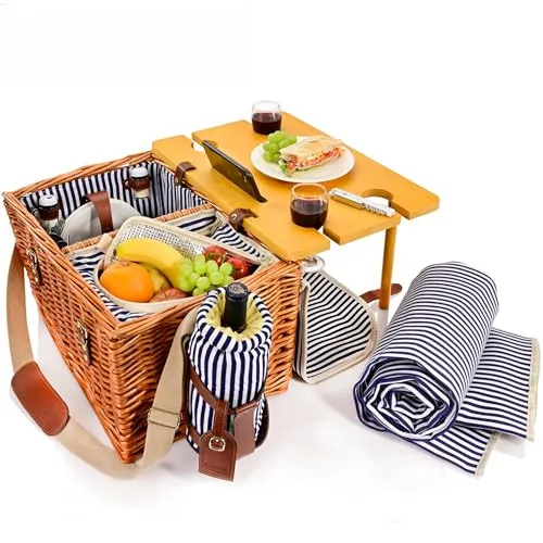 SÄNGER Picknickkorb Borkum 25-teiliges Set für 4 Personen - Picknickkorb mit integriertem Tisch und Kühltasche, ideal für ein komfortables Picknick im Freien.