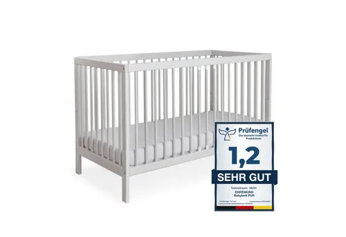 Ehrenkind Babybett PUR aus massivem Buchenholz - Gitterbett in Hellgrau, 9-fach höhenverstellbar und als Beistellbett geeignet, für optimalen Komfort und Sicherheit im Kinderzimmer.