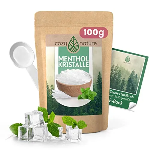 CozyNature® Mentholkristalle | 100g | Premium Qualität Made in Germany | Sauna Zubehör & natürliche Ameisenabwehr | Saunaaufguss | naturreines Menthol | Minzöl Kristalle | inkl. Gratis Sauna E-Book