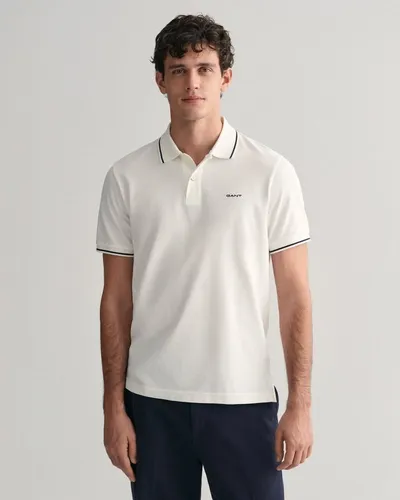 Gant Herren Tipping SS Pique Rugger, White, 58 - Poloshirt für Herren mit normaler Passform, hochwertigem Flachstrickkragen und stilvollen Randstreifen an Ärmelenden und Kragen.