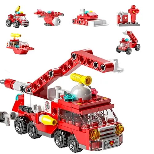 Vilbocr Einsatzfahrzeuge Bausteine Set – Polizeiauto, Feuerwehrauto, Krankenwagen, Tank, Rettungshubschrauber & Baufahrzeuge – STEM-Spielzeug, Kinder ab 6 Jahren (City Fire Truck)