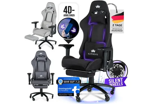 ELITESEATS Gaming-Stuhl Ergonomisch [TESTSIEGER] - Ergonomischer Gaming-Stuhl mit atmungsaktivem Alcantara-Bezug, 4D-Armlehnen und Fußstütze – ideal für lange Gaming-Sessions und Homeoffice mit 150 kg Belastbarkeit.