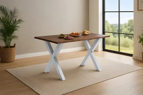 Esstisch Roxana | 140 x 80 cm | Akazienholz massiv | Kastanienfarbig | Echte Baumkante | X-Gestell Metall Silber | pflegeleichter Massivholztisch/Baumkantentisch für Esszimmer & Küche