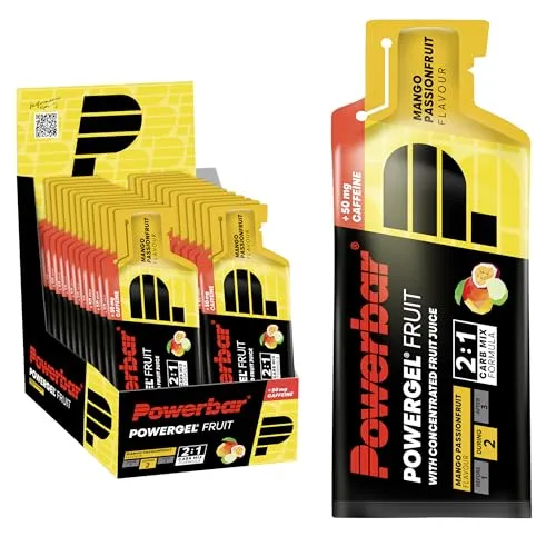 Powerbar PowerGel Fruit Mango Passionfruit - 24x41g - Ausdauer- & Energieriegel mit 50mg Koffein pro Beutel, ideal zur Leistungssteigerung bei intensiven Trainingseinheiten, vegan und mit natürlichen Aromen.