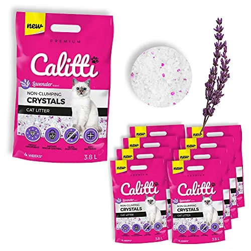 Calitti - Silikat Katzenstreu | Premium Crystals Silikatstreu | Antibakteriell Katzensand mit frischem Lavendelduft | 8-er Set 8 x 3,8 L = 30 L