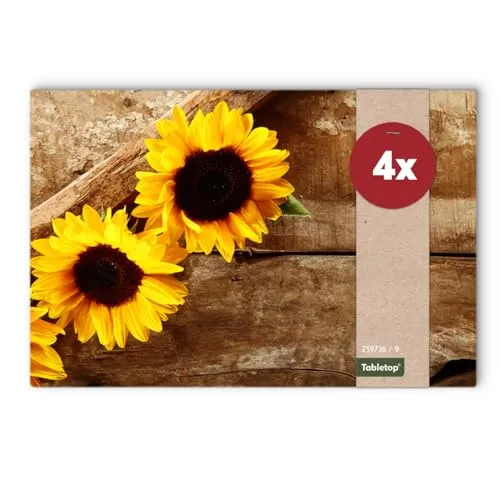 Tischsets 4er als abwaschbare Tischdeko für Sommer und Herbst - Platzsets Sonnenblumen Blumen als Tischuntersetzer in 43 cm - Platzdeckchen als Tischunterlage für Esstisch Wohnzimmer Tisch