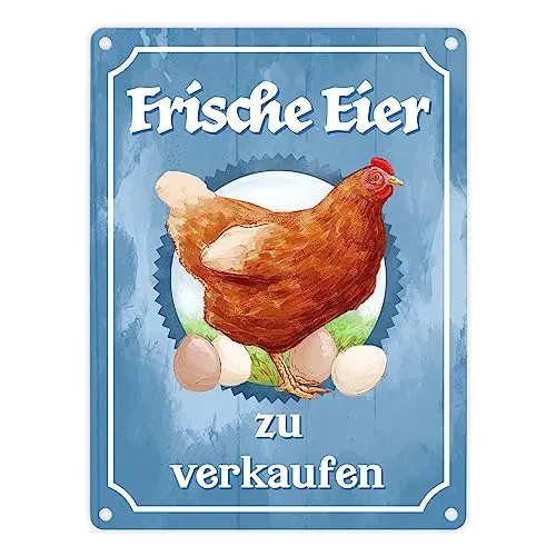 Frische Eier zu verkaufen Metallschild in 15x20 cm mit Huhn Motiv für den Bauernladen oder Dekoration am Hühnerstall