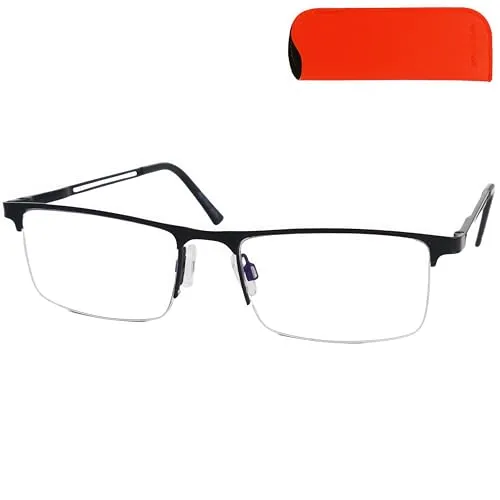 Mini Brille Metall Lesebrille Halbrand unten mit rechteckigen Gläsern mit Etui, Edelstahl Brillengestell (Schwarz), Lesehilfe Herren und Damen 1.0 Dioptrien