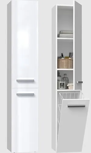 BDW - Badezimmer Schrank Hochschrank - Hoher Badschrank mit Wäschekorb - 174 x 31 x 30 cm - Wahl der Türöffnungsseite - Weiß glänzend