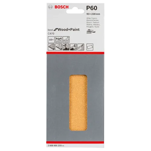Bosch Schleifblatt C470, 93 x 230 mm, 60, ungelocht, gespannt, 10er-Pack
