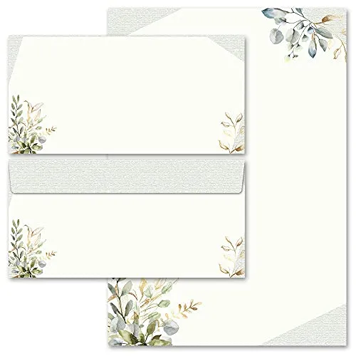 Paper-Media Briefpapier Set, 20 tlg. Blumen & Blüten, GRÜNE ZWEIGE: 10 Blatt Briefpapier + 10 passende Briefumschläge DIN LANG ohne Fenster