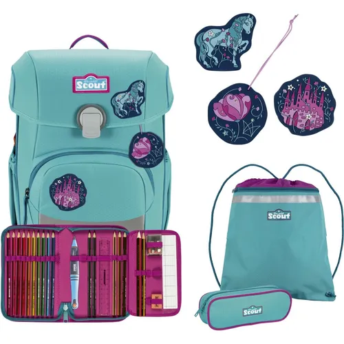 SCOUT Neo Dreamworld Schulranzen - Reflektierender und fluoreszierender Schulranzen mit ausreichend Platz für Lernmaterial und Snacks, inklusive zwei Schlampermäppchen und Sportbeutel.