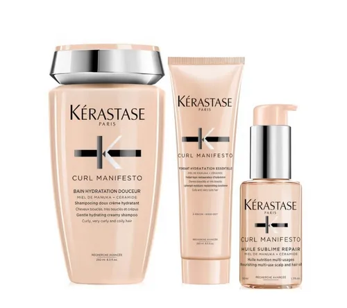 Kérastase Curl Manifesto Haarpflege-Set 3-tlg. - Das Kérastase Curl Manifesto Set umfasst Shampoo, Conditioner und Haaröl für die optimale Pflege von lockigem Haar. Die Produkte bieten intensive Feuchtigkeit und Geschmeidigkeit, ideal zur Unterstützung der täglichen Haarpflege.