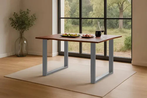 Esstisch Roxana | 120 x 80 cm | Akazienholz massiv | Kastanienfarbig | Echte Baumkante | U-Gestell Metall Silber | pflegeleichter Massivholztisch/Baumkantentisch für Esszimmer & Küche