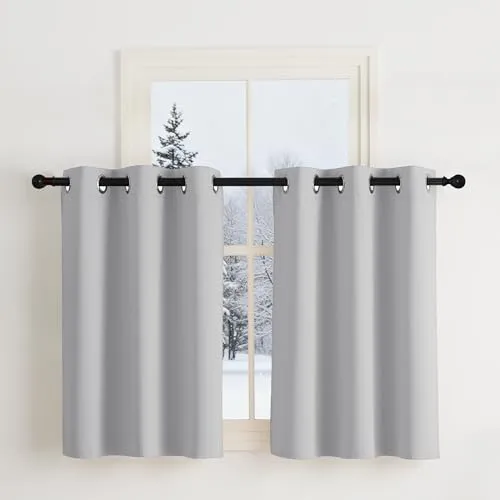 NICETOWN Blickdichte Küchengardinen mit Ösen 2er Set H90 x B107 cm Hellgrau, Scheibengardinen Kurz Fenster Vorhänge Verdunklungsvorhänge Kurzgardine Modern Thermal Curtains
