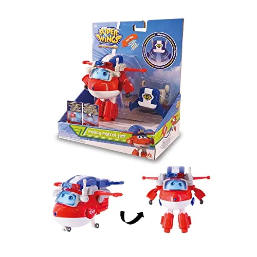Super Wings EU730220 - Transformations-Flugzeug Police Patrol Jett - Actionfigur für Kinder, ca. 20,3 cm groß, verwandelbar in Roboter mit Licht- und Soundfunktion, fördert die Fantasie und ist kompatibel mit anderen Super Wings Sets.