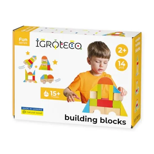 Igroteco® Bauklötze-Set Universal – 14 Teile aus natürlichem Holz, zertifizierte Farben, langlebig, kreativ und sicher, inkl. 15 Bauideen – Geschenk für Kinder ab 2 Jahren