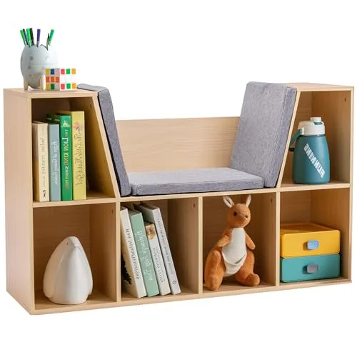 HOMCOM Kinderregal mit Sitzhocker, 2-in-1 Bücherregal - Praktisches Regal für Kinderzimmer und Wohnzimmer, bietet Stauraum und eine Sitzgelegenheit in einem. Ideal für Ordnung und Spielspaß!